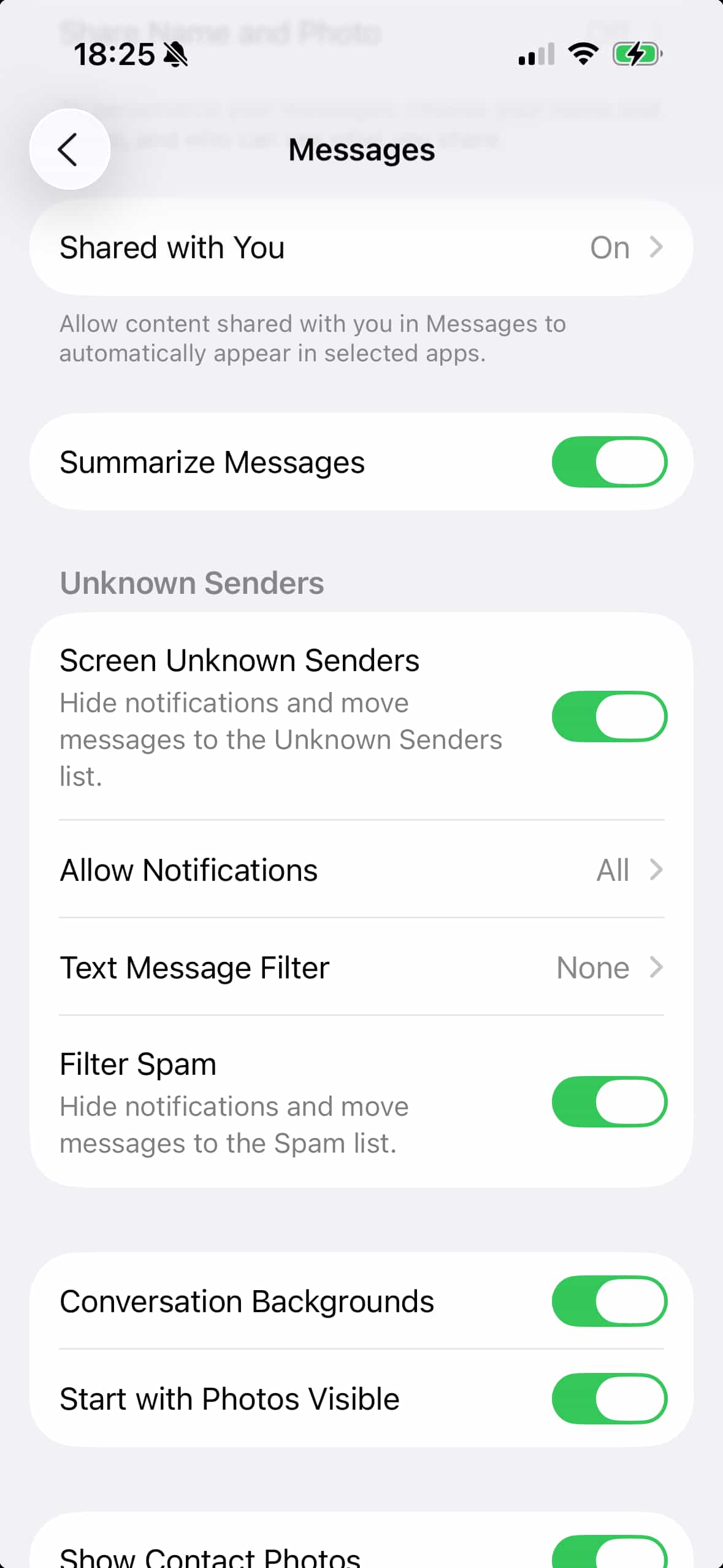 Scroll to Unknown & Spam and tap Text Message Filtering
